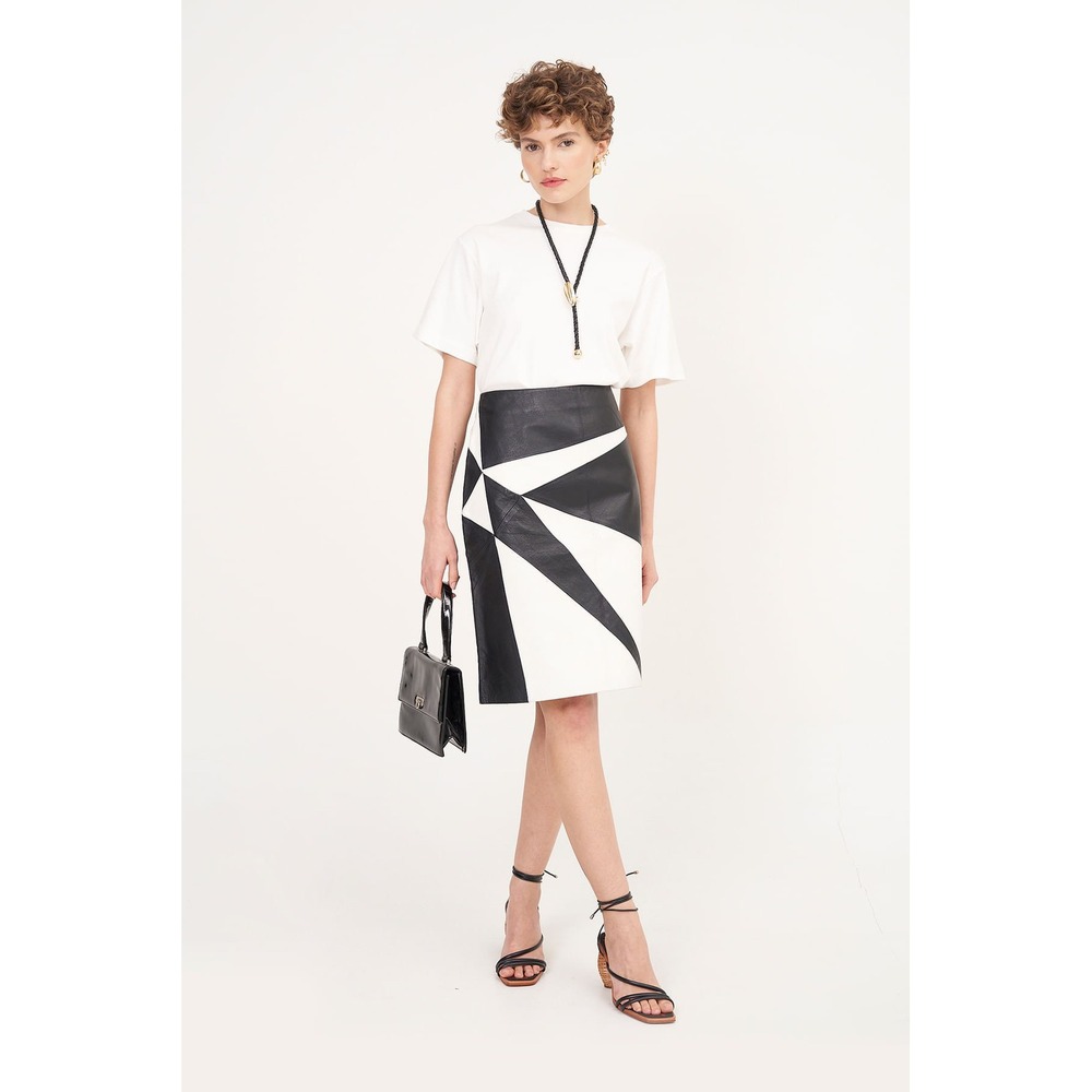 Newport News Vintage Leather Colorblock Pencil Skirt Black White Geometric Sz 10